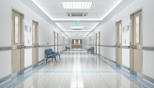 Long Hospital Bright Corridor With Rooms And Seats 3D Rendering