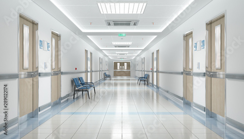 Cuadros en Lienzo Long hospital bright corridor with rooms and seats 3D rendering