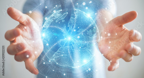 Fotomural Businessman using Europe map globe network hologram 3D rendering