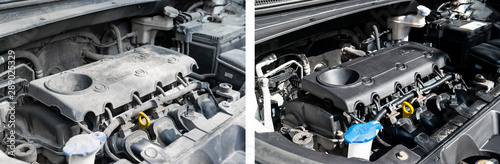 Washing car engine. Car wash service before and after washing. Before and after cleaning maintenance. Half divided picture. Before and after effect. Washing vehicle engine. Car washing concept.