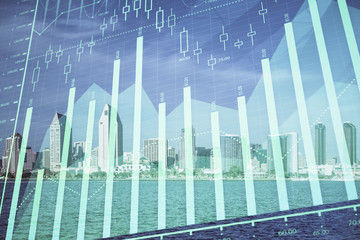 Forex chart on cityscape with skyscrapers wallpaper multi exposure. Financial research concept.