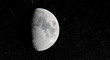 Lune dans ciel étoilé, détails des cratères sur la surface, demi-lune