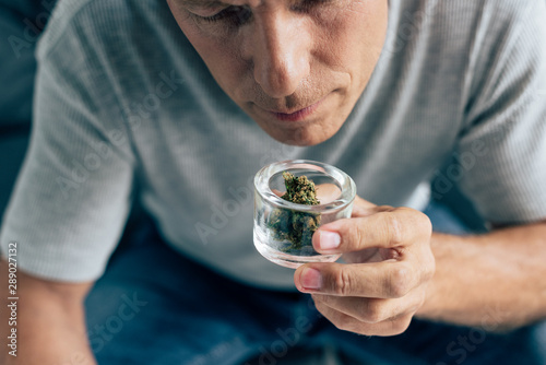 Cuadros en Lienzo cropped view of man in t-shirt smelling medical cannabis in apartment