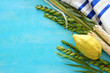 religion image of Jewish festival of Sukkot. Traditional symbols (The four species): Etrog, lulav, hadas, arava