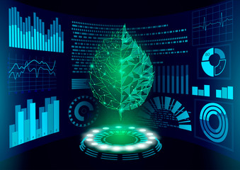 Wall Mural - 3D low poly green plant HUD UI display. Future polygonal triangle point line ecology problems solution abstract biology genome engineering vector illustration future business technology