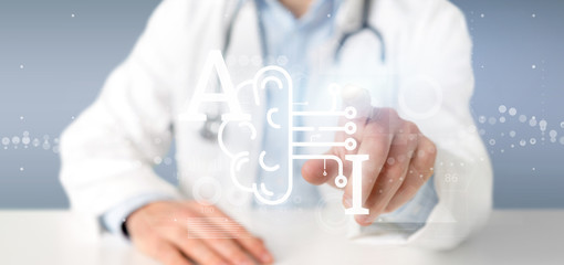 Poster - doctor holding artificial intelligence icon with half brain and half circuit 3d rendering