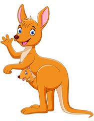 Wall Mural - Cartoon mother kangaroo with a cute baby isolated on white background