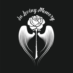 Canvas Print - in loving memory text and rose with wings on black background vector design