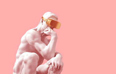 sculpture thinker with golden vr glasses over pink background