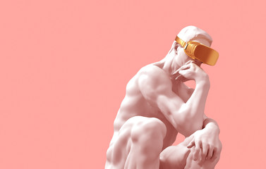 Wall Mural - Thinker With Golden VR Glasses Over Pink Background