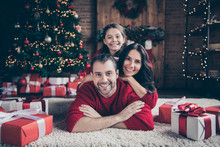 Photo Of Cheerful Optimistic Friendly Family People Mommy Dad Schoolgirl Wearing Red Sweaters Toothily Smiling Indoors Celebrating Christmas Together