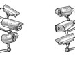 Videcam surveillance cctv cameras set sketch engraving vector illustration. Tee shirt apparel print design. Scratch board style imitation. Hand drawn image.