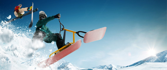 Wall Mural - Skiing, snow scoot, snowboarding.  Extreme winter sports.