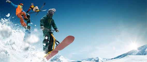 Wall Mural - Skiing, snow scoot, snowboarding.  Extreme winter sports.