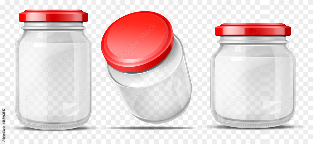 Empty, round, different volume glass jars sealed red screw cap for sauces, vegetable preservation side, top perspective view 3d realistic vector illustrations set isolated on transparent background - obrazy, fototapety, plakaty 