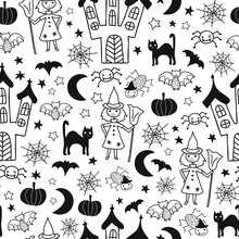 Kids Halloween Vector Pattern. Seamless Monochrome Background With Hand Drawn Witch, Spooky Castle, Cats, Spiders, Bat. Cute Halloween Illustration Black White. Fabric, Gift Wrap, Invitation Card