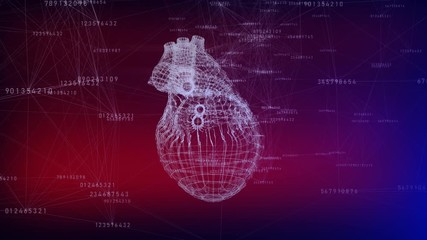 Poster - Computer generated of a human hearts in low-poly concept. Digital numbers changing own values.