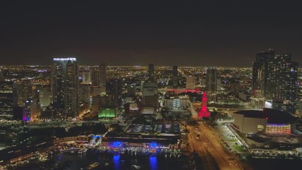 Wall Mural - Beautiful night aerial Downtown Miami city lights 4k