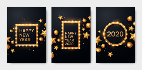 Sticker - Happy New Year 2020 greeting card set. Backgrounds with lights and golden decorations.