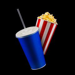 Wall Mural - Paper striped bucket with popcorn and cup of soft drink isolated on black