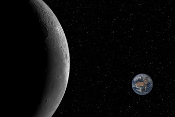 Fototapete - Closeup of the Moon and the small planet Earth against starry night sky background, elements of this image furnished by NASA