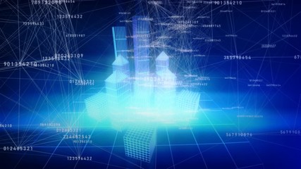 Poster - A Virtual City skyscrapers projection on the blue background. Overlayed Digital numbers connected each other by lines and changing their values.