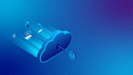 Sticker - Unlock cloud server and essential business equipments between digital rays for cloud storage or data security concept based isometric design.