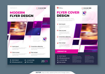 Wall Mural - Purple Flyer Template Layout Design. Corporate business flyer mockup. Creative modern bright concept with purple square shapes