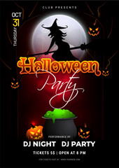 Sticker - Halloween Party invitation card design with flying witch, cauldron and scary pumpkins decorated on full moon night background.