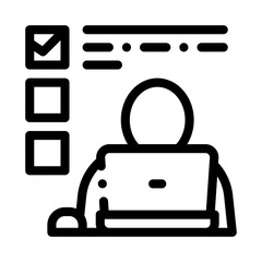 Poster - Man Working At Laptop Job Hunting Vector Icon Thin Line. Hunting Business People And Recruitment Candidate, Team Work And Partnership Concept Linear Pictogram. Monochrome Contour Illustration