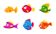 Colorful Little Glossy Fishes Set, Funny Big Eyed Fishes Cartoon Characters Vector Illustration