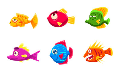 Poster - Colorful Little Glossy Fishes Set, Funny Big Eyed Fishes Cartoon Characters Vector Illustration