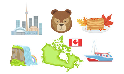 Canvas Print - Canada Traditional Symbols and Attractions Set, Bear, Pancakes, Niagara Fall, Map, Ship Vector Illustration