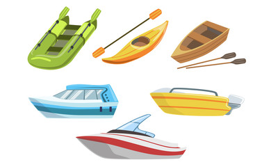 Sticker - Collection of Boats, Different Types of Water Transport, Inflatable and Wooden Boat, Powerboat, Kayak Vector Illustration