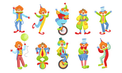 Canvas Print - collection of happy funny clowns in action poses, funny circus comedian characters in costumes vecto