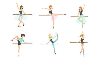 Wall Mural - Beautiful Ballerina Characters Posing and Dancing Set, Classical Ballet Art Dansers Vector Illustration