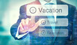 © Duncan Andison - A businessman selecting a Vacation button on a futuristic display with a concept written on it.