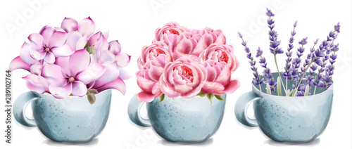 Cuadros en Lienzo Rose, lavender and lilly flowers in ceramic cup card vector watercolor