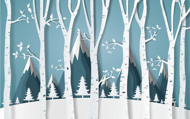 winter with homes and snowy paper art . beautiful scenery in the design vector