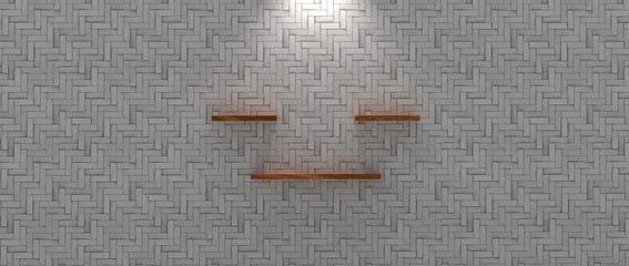 Diseño de repisa tridimensional con iluminación y diferentes niveles. Fondo con materiales plásticos, madera, metálicos y mosaicos de piedras y mármol. Fondo 3d con luces y sombras