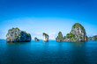 Bai tu long bay (Halong bay) rock karst formations in the sea, Vietnam landscape. Holiday tourist attraction.