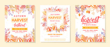 Autumn Harvest Festival Banners With Harvest Symbols, Leaves And Floral Elements In Fall Colors.Harvest Fest Design Perfect For Prints,flyers,banners,invitations And More.Vector Autumn Illustration.