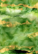 © Julia Klintsova - Watercolor hand drawn vertical A4 background. Green layout with gold splashes and strokes. Hand painted abstract decorative template. Perfect for stationery, greeting, quote, social media, poster