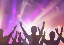 Soft Focus Of Christian People Group Raise Hands Up Worship God Jesus Christ Together In Church Revival Meeting With Blurred Music Concert Light Background Can Be Used For Christian Worship Background