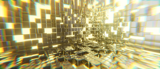Poster - Abstract Golden Cubes lighting explosion Sci fi background, 3d rendering.