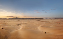High Angle, Panoramic View Of An Empty Desert At The Sunset With Copy Space