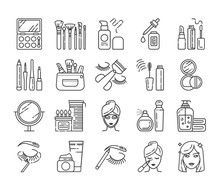 Cosmetic Products And Professional Facial Makeup Line Icons Set. Feminine Skincare. Beauty Industry. Pictogram For Web Page, Mobile App, Promo. UI UX GUI Design Element.