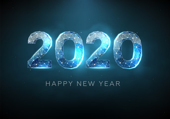 Wall Mural - 2020 blue text design. Low poly wireframe art on dark background. Happy New Year. Illustration in the form of a starry sky or space, consisting of points, lines, and shapes in the form of stars.Vector