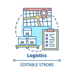 Poster - Logistics & distribution concept icon. Warehouse, storehouse, goods storage idea thin line illustration. Shipment, cargo and parcels delivery service. Vector isolated outline drawing. Editable stroke