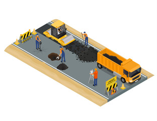 Poster - Road Construction Scene Concept 3d Isometric View. Vector